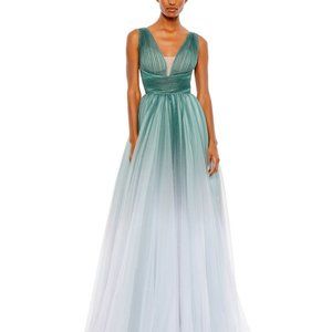 NWT MAC DUGGAL GLITTER JADE BLUE OMBREE V NECK SLEEVELESS BALL GOWN 20380